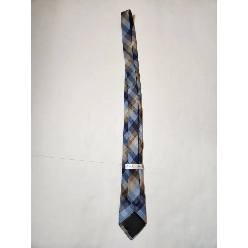 Van Heusen 100% Silk Tie Blue Gray Plaid Classic Necktie Men’s Formal Wear